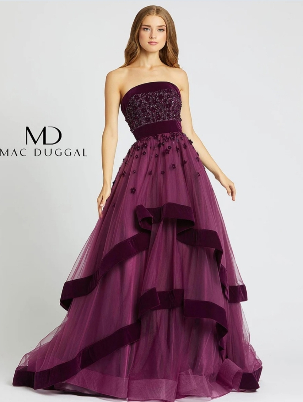 Mac Duggal Strapless Plum Ball Gown Beaded Floral Tulle Size 6 NWT
